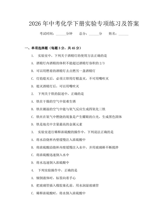 2026年中考化学下册实验专项练习及答案：(docx+pdf)免费下载