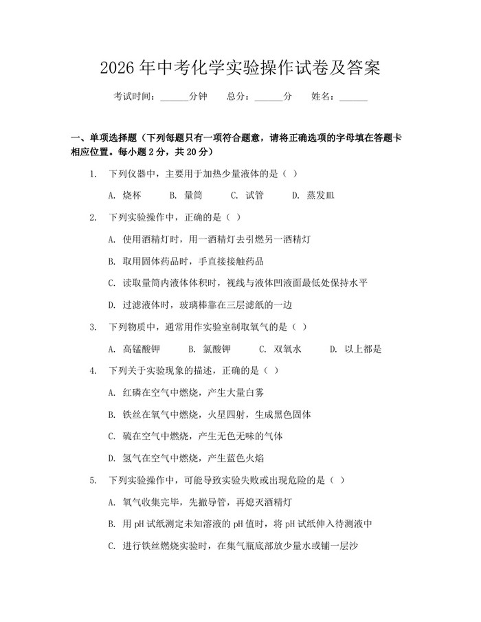 2026年中考化学实验操作试卷及答案：(docx+pdf)免费下载