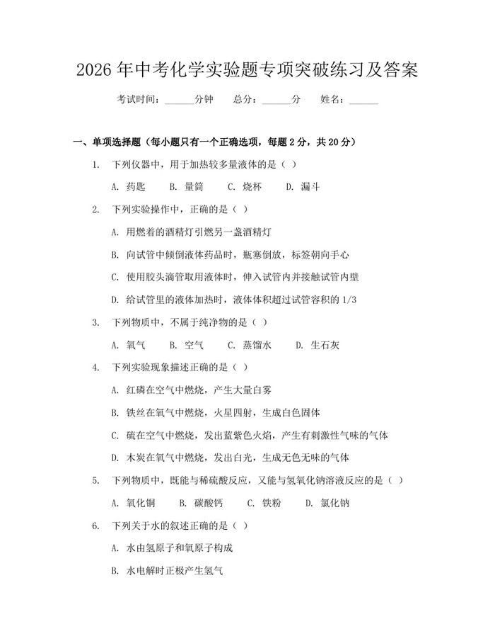 2026年中考化学实验题专项突破练习及答案：(docx+pdf)免费下载