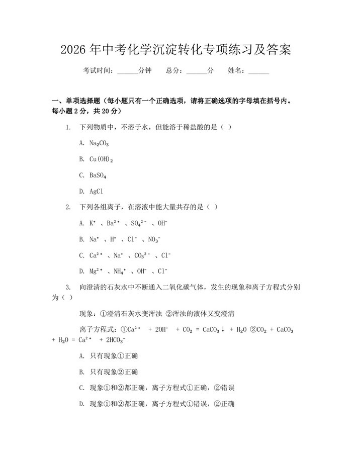 2026年中考化学沉淀转化专项练习及答案：(docx+pdf)免费下载