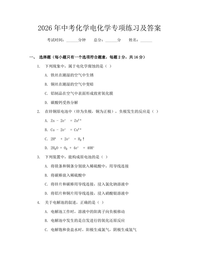 2026年中考化学电化学专项练习及答案：(docx+pdf)免费下载