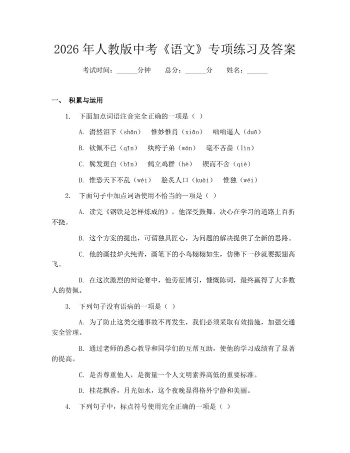 2026年人教版中考《语文》专项练习及答案：(docx+pdf)免费下载