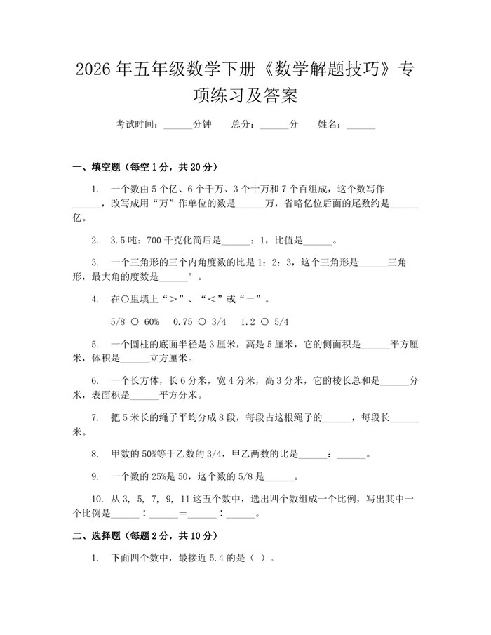 2026年五年级数学下册《数学解题技巧》专项练习及答案：(docx+pdf)免费下载