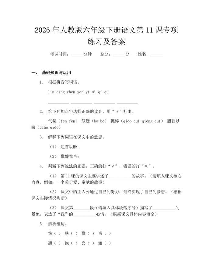 2026年人教版六年级下册语文第11课专项练习及答案：(docx+pdf)免费下载