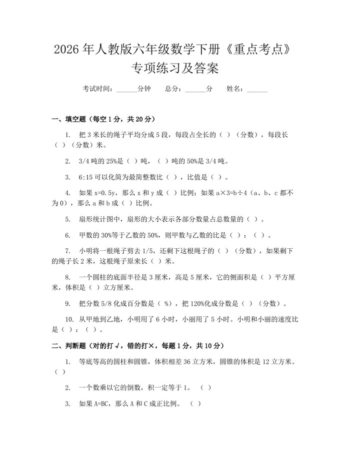 2026年人教版六年级数学下册《重点考点》专项练习及答案：(docx+pdf)免费下载