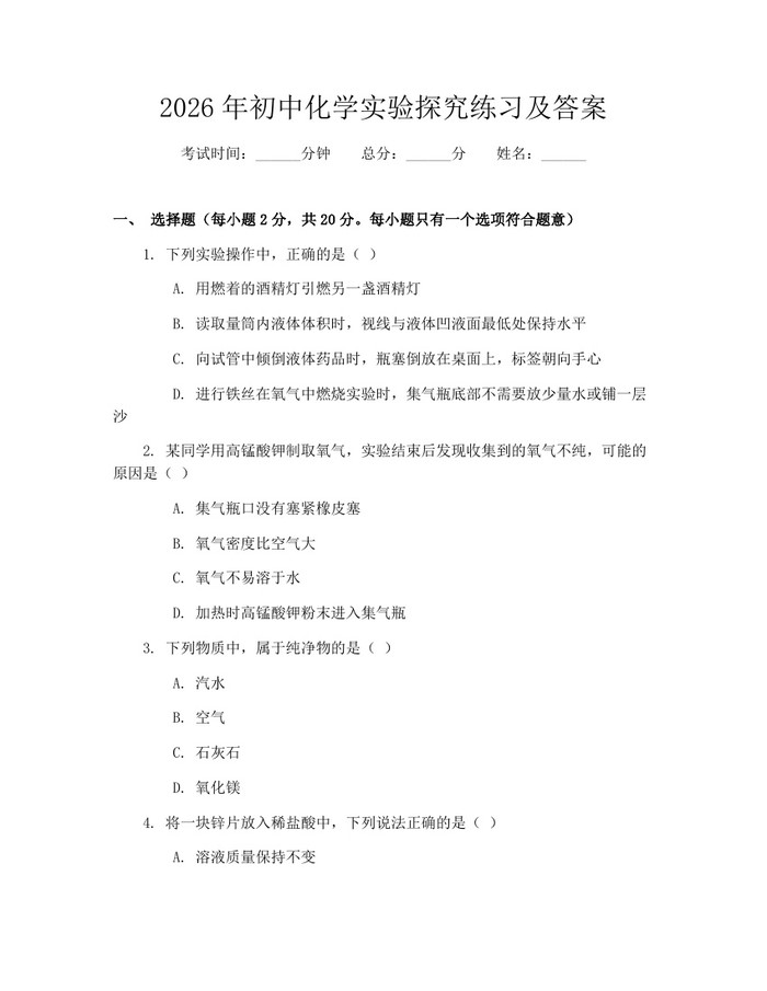 2026年初中化学实验探究练习及答案：(docx+pdf)免费下载