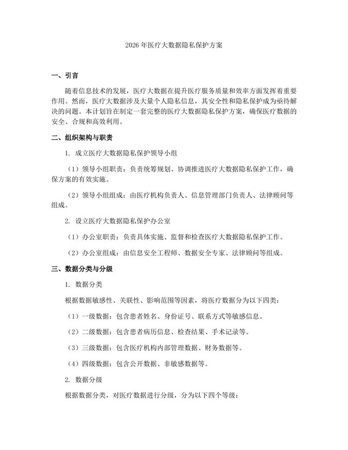 2026年医疗大数据隐私保护方案：(docx+pdf)免费下载