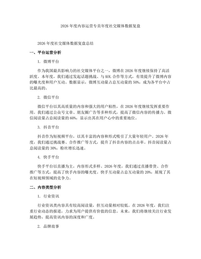 2026年度内容运营专员年度社交媒体数据复盘：(docx+pdf)免费下载