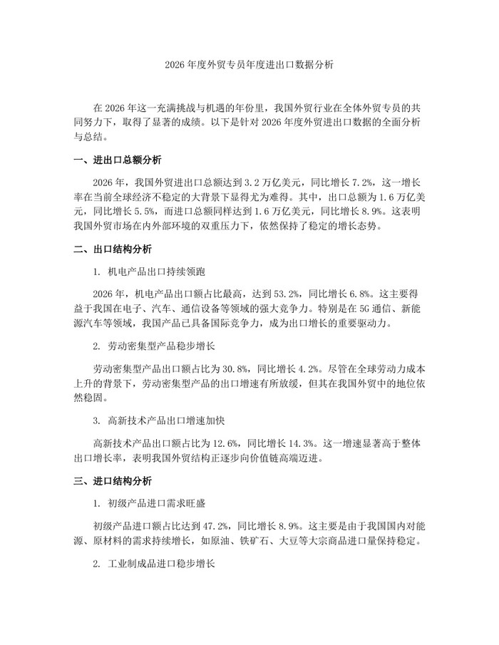 2026年度外贸专员年度进出口数据分析：(docx+pdf)免费下载