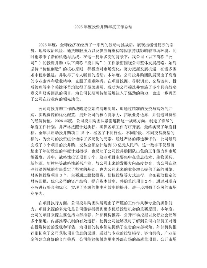 2026年度投资并购年度工作总结：(docx+pdf)免费下载