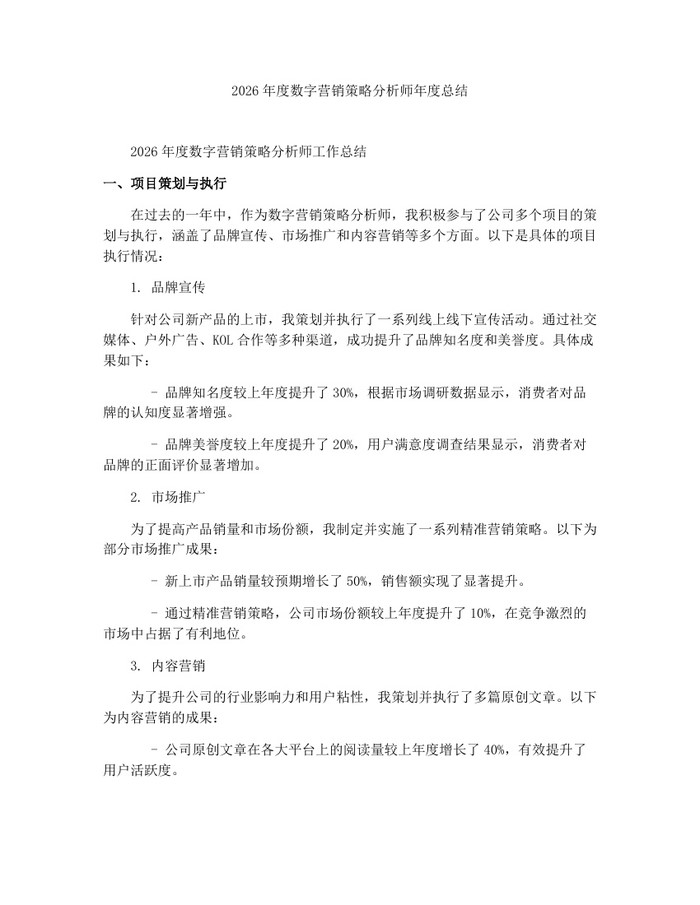 2026年度数字营销策略分析师年度总结：(docx+pdf)免费下载