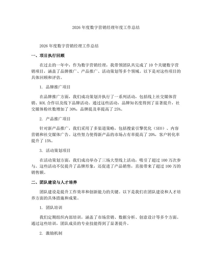 2026年度数字营销经理年度工作总结：(docx+pdf)免费下载