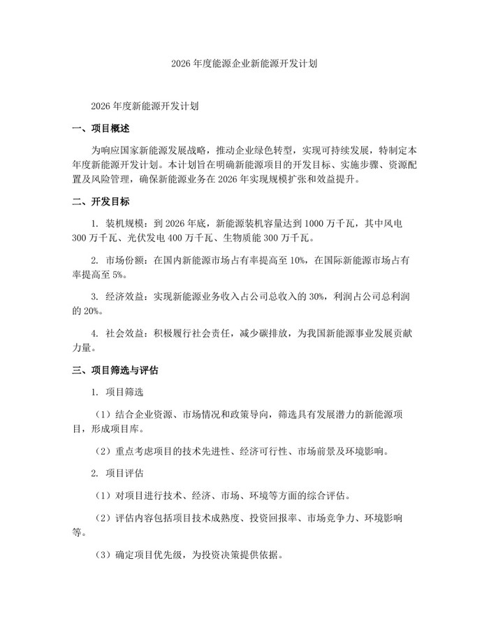 2026年度能源企业新能源开发计划：(docx+pdf)免费下载
