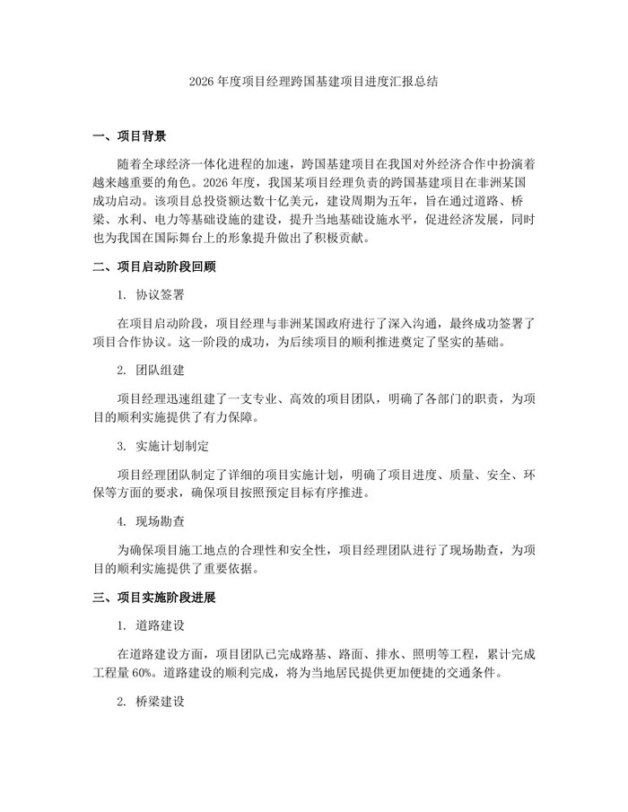 2026年度项目经理跨国基建项目进度汇报总结：(docx+pdf)免费下载