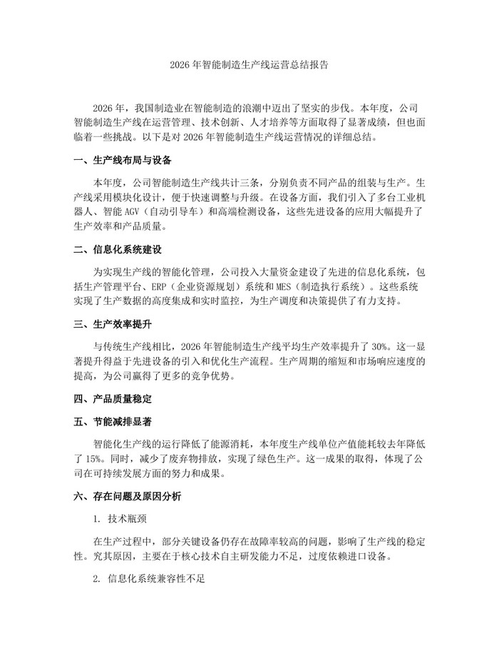 详细阅读:2026年智能制造生产线运营总结报告:(docx+pdf)免费下载 2026年智能制造生产线运营总结报告:(docx+pdf)免费下载