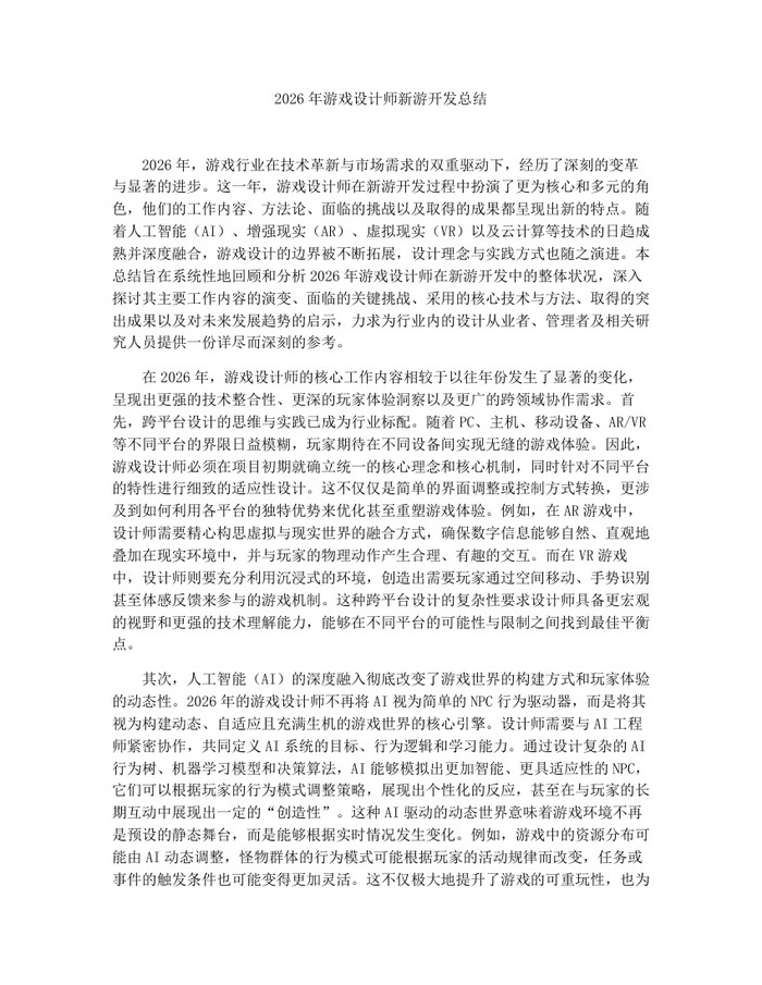 2026年游戏设计师新游开发总结：(docx+pdf)免费下载