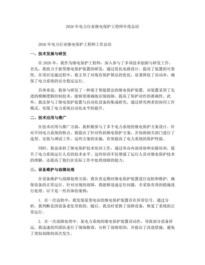 2026年电力行业继电保护工程师年度总结：(docx+pdf)免费下载