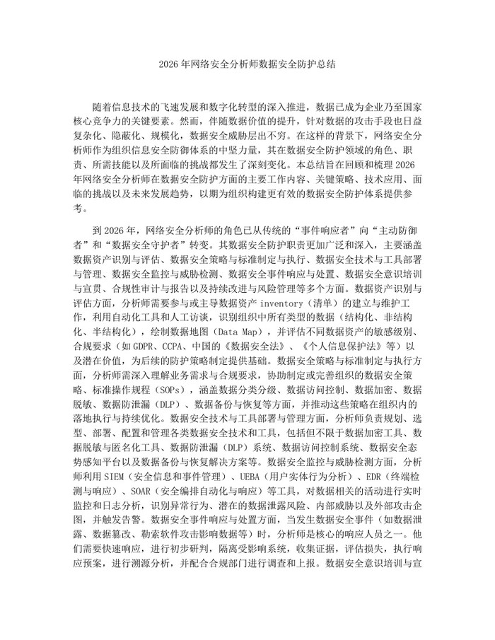 2026年网络安全分析师数据安全防护总结：(docx+pdf)免费下载