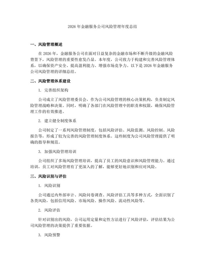 2026年金融服务公司风险管理年度总结：(docx+pdf)免费下载