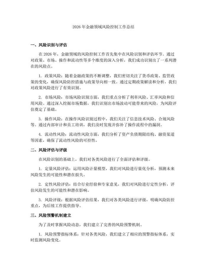 2026年金融领域风险控制工作总结：(docx+pdf)免费下载