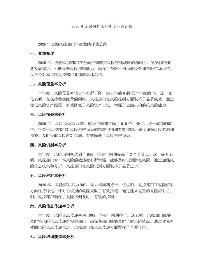 详细阅读:2026年金融风控部门年度业绩评估:(docx+pdf)免费下载 2026年金融风控部门年度业绩评估:(docx+pdf)免费下载